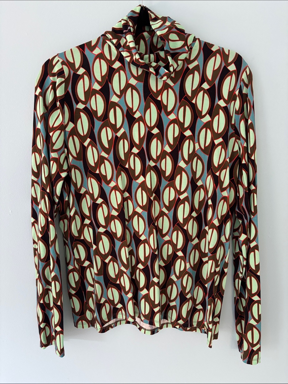 Marc Cain Geometric Print Long-Sleeve Turtleneck Top - Brown & Mint